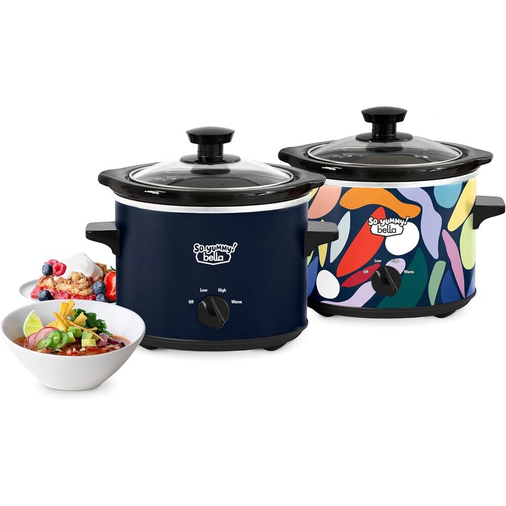 Bella So Yummy 2 Qt Small Slow Cooker Navy Abstract Pattern one set of 2 pots